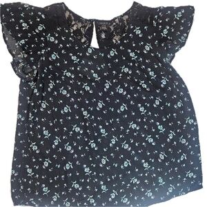 Torrid Blouse Womens 1 Black Blue Floral Lace Yoke Flutter Sleeve Top Plus‎ Size